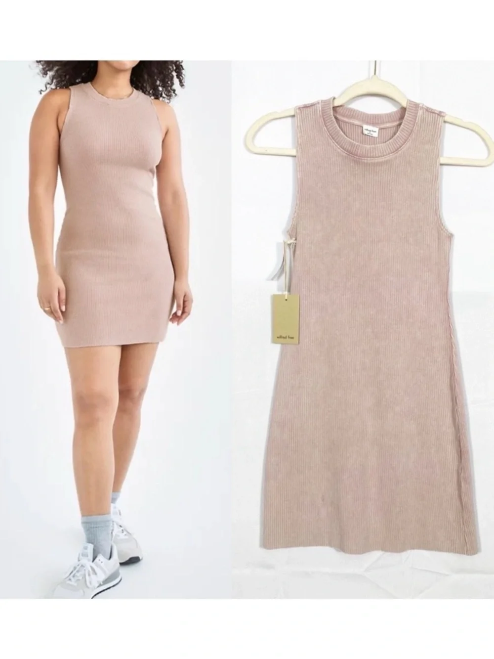 Wilfred Free X Aritzia Dunes Ribbed Crew Neck Mini Bodycon Dress Dawn Pink